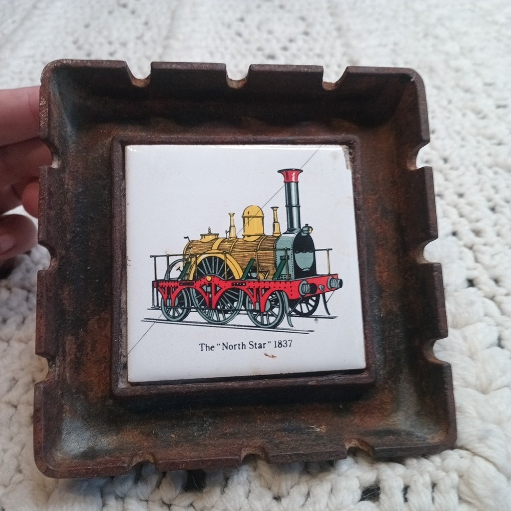 Vtg CAST IRON Ceramic Tile ASHTRAY Heavy Japan Cracked Train The North Star 1837